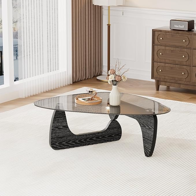Solid Wood Morden Coffee Table, 42.5" x 28.5" x 16.1" Triangle Center Table for Living Room w/Tempered Glass Top, Vintage Minimalist Tea Table for Small Space, Office (Black)