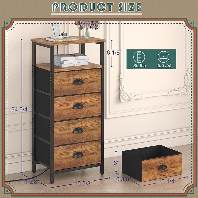 sthmec Nightstand with Charging Station,LED Nightstand with 4 Fabric Drawers, Bedside End Tables, 2-Tier Open Storage Shelf Side Table Nightstand with Drawers for Bedroom,Rustic Brown - Image 3