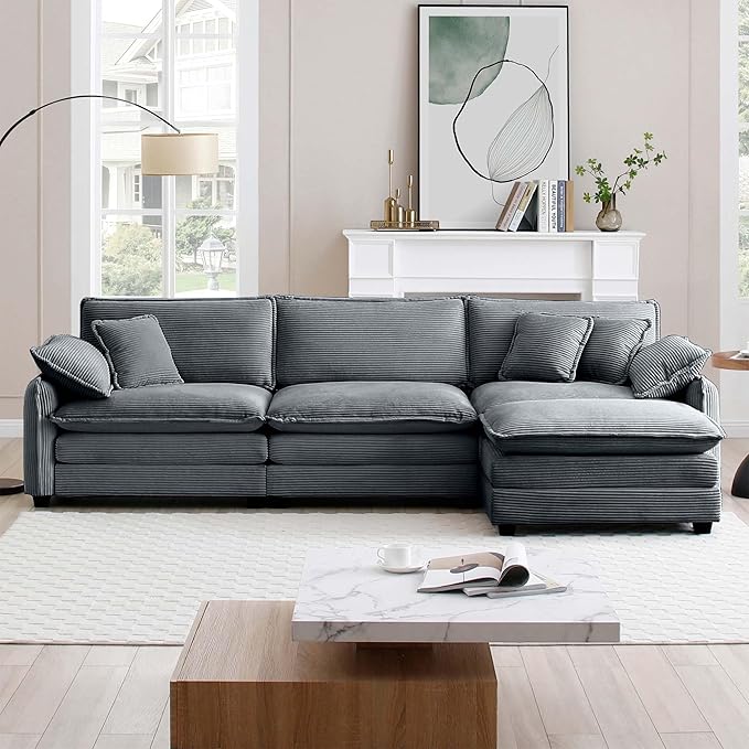 KEIKI 115" L-Shaped Oversized Corduroy Modular Sectional Sofa with 1 Ottoman, High-Density Foam Cushions, Removable Armrests, Upholstered 3-Seater Corner Couch with 5 Pillow, for Living Room, Grey