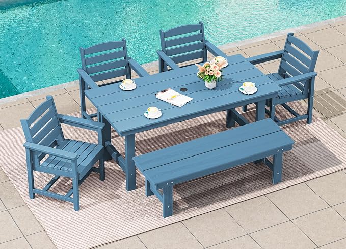 SERWALL Patio Dining Table and Bench Set for 6, Blue - Image 7
