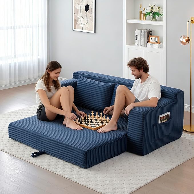 Convertible Sofa Bed, 2 in 1 Memory Foam Futon Couch, No Assembly Corduroy Foldable Sofa Bed, Comfy Floor Couch with 2 Pillows for Bedroom, Living Room, Apartment, Blue
