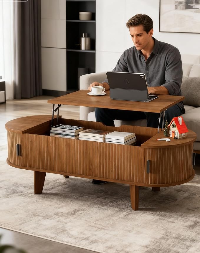 Oval Coffee Table with Storage, 47.2" Fluted Lift Top Coffee Table with 180° Sliding Tambour Door, Mid Century Modern Center Table for Living Room, Office, Cafe, Walnut