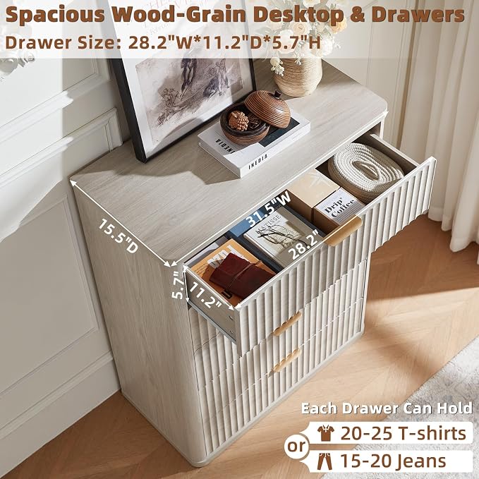 LEYAOYAO Fluted 5 Drawers Dresser Set of 2, 41" Tall Modern Chest of Drawers with Metal Handle, Curved Profile Dresser TV Stand, Wooden Drawer Organizer for Bedroom, Living Room, Hallway, Lightgrey - Image 6