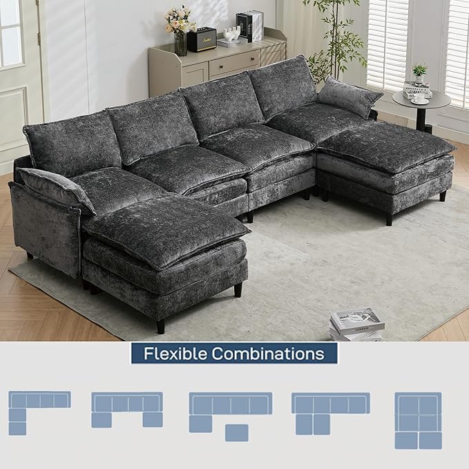 121-Inch U-Shaped Sectional Cloud Sofa Oversized Modular 6 Seaters Sofa Couch with 2 Ottoman Chaise and Pillow Armrest, Chenille Upholstered Convertible Cloud Couch