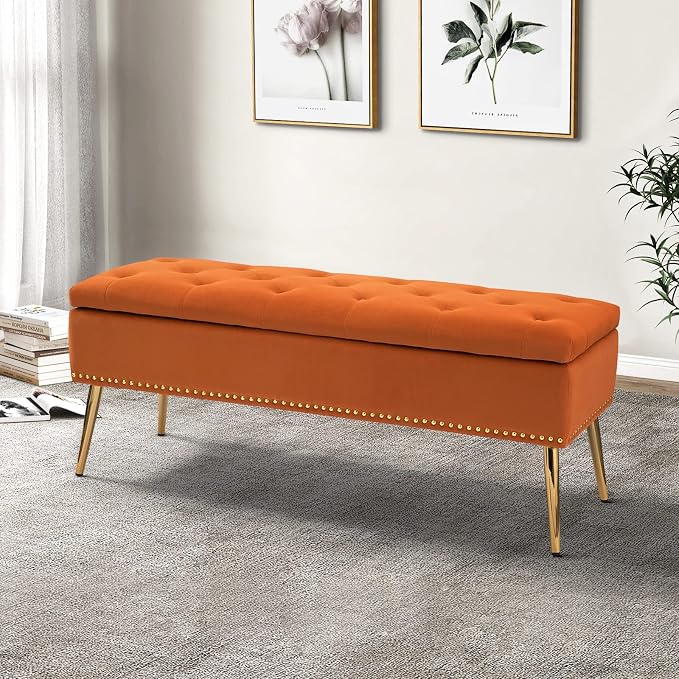 HULALA HOME Modern Velvet Storage Ottoman Bench with Gold Base & Nailhead Trim, Upholstered Bedroom Bench for End of Bed, Button-Tufted Footstool for Entryway Living Room Dining Room, Orange - Image 3