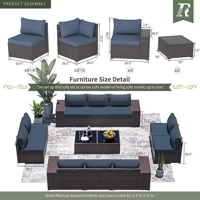 16 PCS Outdoor Patio Furniture Set,Outdoor Sectional Furniture with 45" 55000 BTU Gas Propane Fire Pit Table,PE Rattan Wicker Patio Conversation Set,Swivel Rocking Chairs Set,Navy Blue