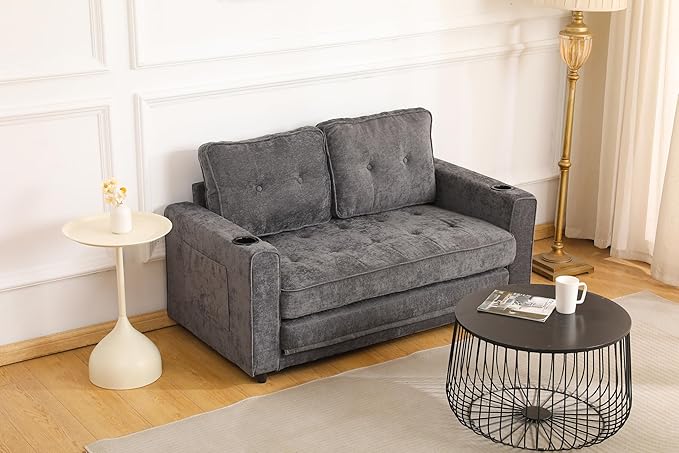 ERYE Foldable Loveseat Sofa Convertible Pull Out Sleeper Sofabed,2 Seat Tufted Upholstered Sofa Modern Convertible Sleeper Couch Bed with Cupholders and Side Pockets