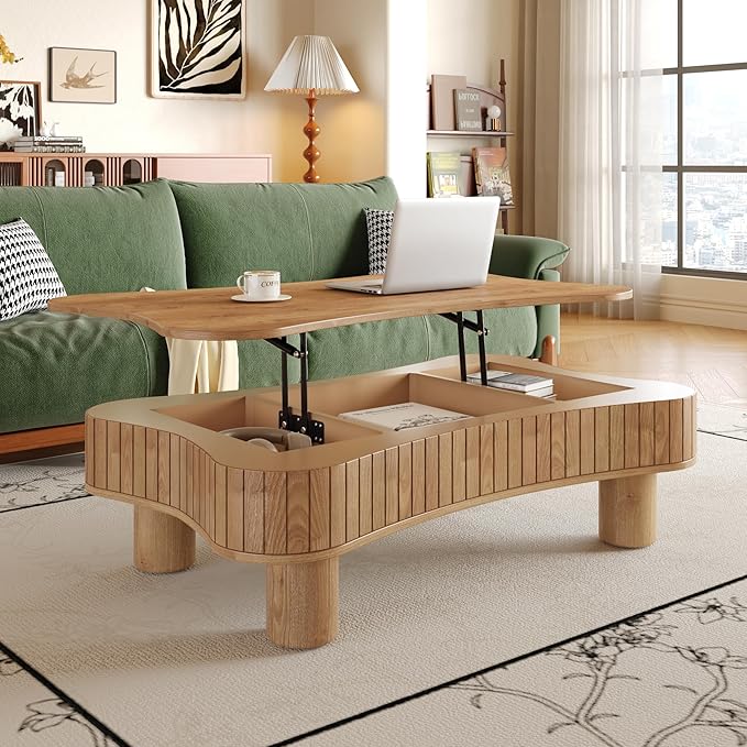 42.52'' Cloud Coffee Table with Lifting Top for Living Room Irregular Coffee Table Lift Up Tabletop Smart Coffee Tables with Storage Unique Low Center Tables Walnut