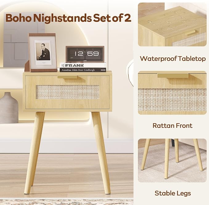 LAZZO Set of 2 Bedroom Nightstands Wooden Night Stands with Rattan Weaving Drawer Home Bedside End Table for Bedroom Storage - Image 10