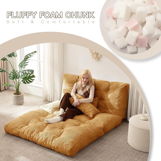 Folding Sofa Bed, Convertible Sleeper Chair with Pillow Foldable Mattress with Back Support, Portable Fold Out Chair Bed Comfy Floor Sofa Lounge for Living Room Bedroom, Yellow Full 80x54 Inch