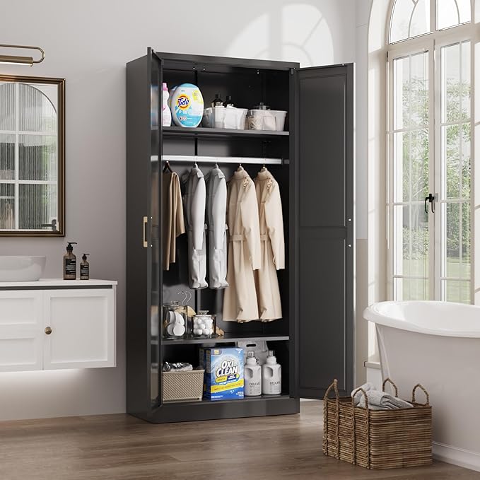 Metal Armoire Wardrobe Closet with 2 Doors, 71" Tall Wardrobe Closet with Doors, Hanging Rod, Drawers and Adjustable Shelves, Black Clothing Storage Cabinets for Bedroom, Home Office