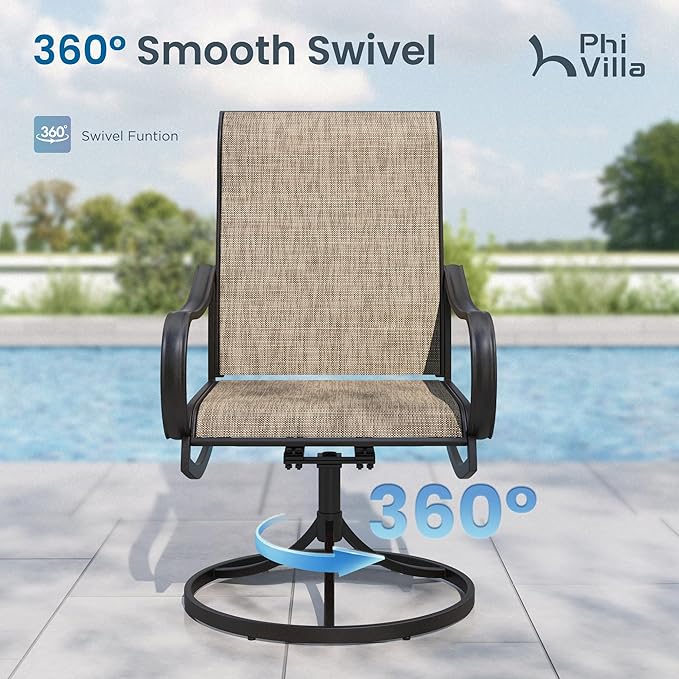 PHI VILLA Patio Dining Table and Chairs, 6 Swivel Dining Chairs with Armrest, Brown Metal Slat Table Top with 1.6" Umbrella Hole, Rustproof E-Coating for All Weather - Image 2