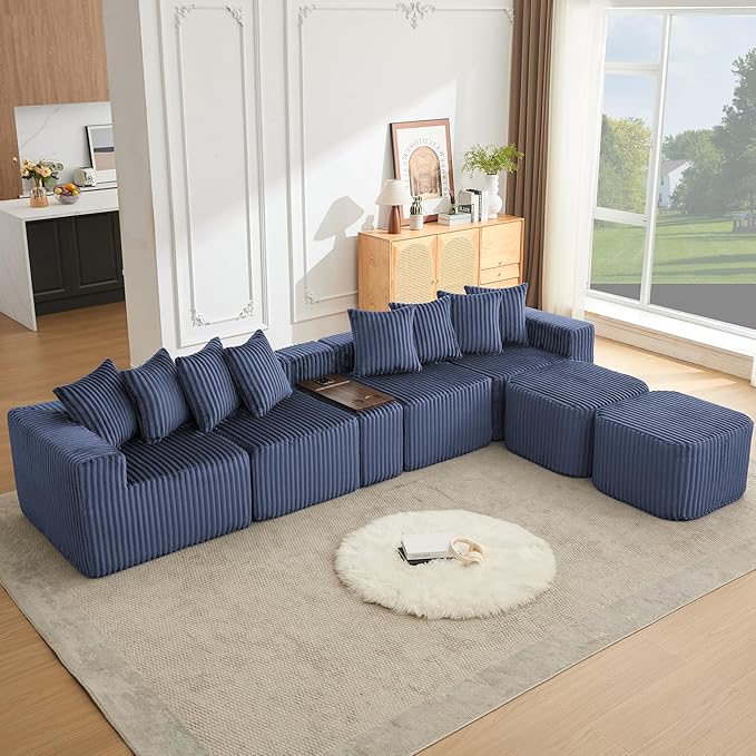 Oversized Cloud Modular Sectional Sofa Boneless Couch with Movable Ottomans,Free Combination Memory Foam Floor Couch with Charging Port & Cup Holders for Living Room | Coffee Table Board, Wireless Charge, No Assembly