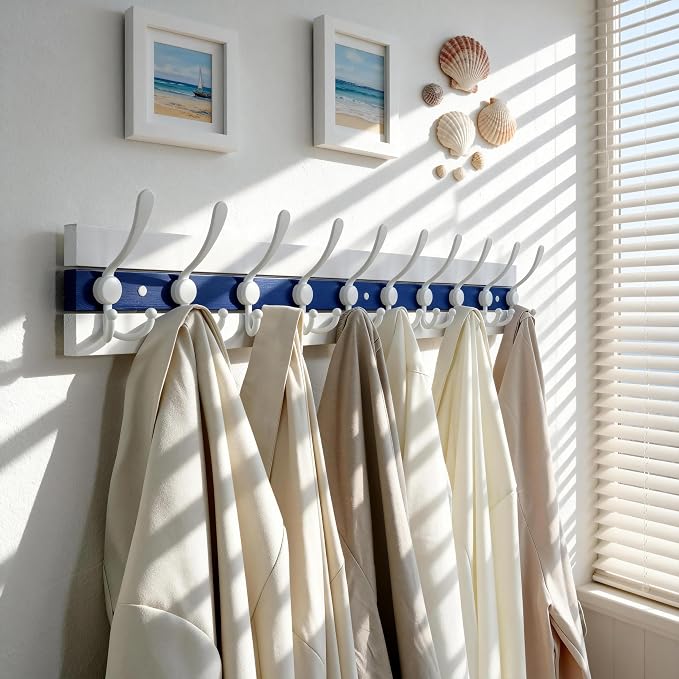 SKOLOO Coastal Wall Mounted Coat Rack - 38-1/8" Beach House Entryway Wooden Coat Hook with 10 Hooks for Hanging Coats, Hats or Towels, Oceanfront Cottage Core Collection, White & Blue - Image 6