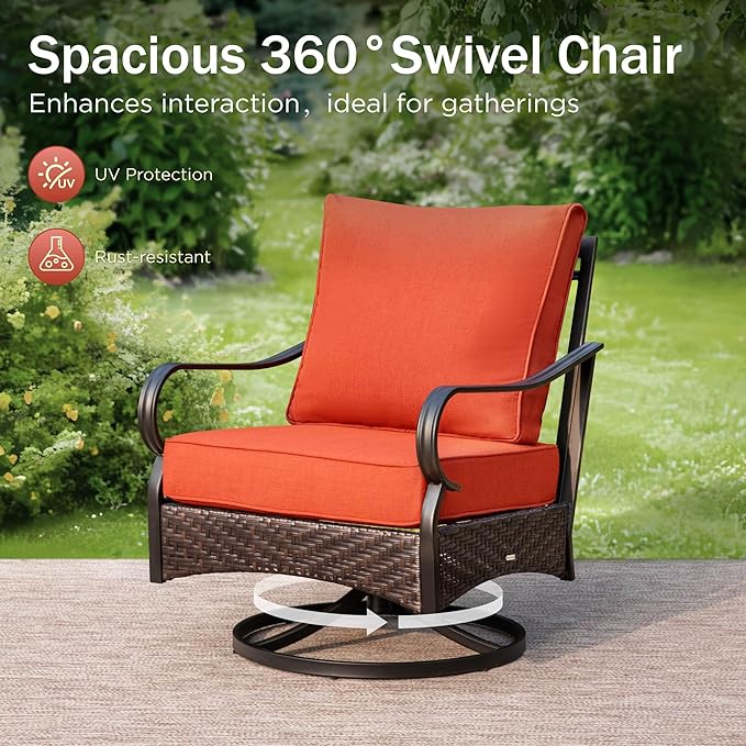 Patio Furniture Set with 32" Fire Pit Table, Patio Conversation Sets 4 Swivel Chairs with Thick Cushion and 50000 BTU Fire Pit Table (5 Pieces,Red
