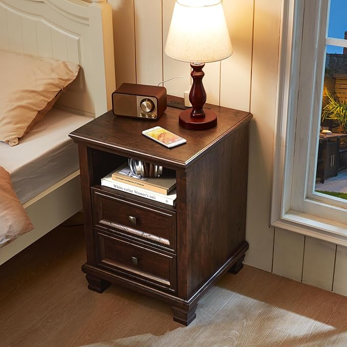 SAVOR LIFE Farmhouse Nightstand Set of 2 with Charging Station, Rustic Brown Nightstand, 2 Drawers End Table, Bedside Table with Open Shelf for Bedroom, Walnut - Image 8