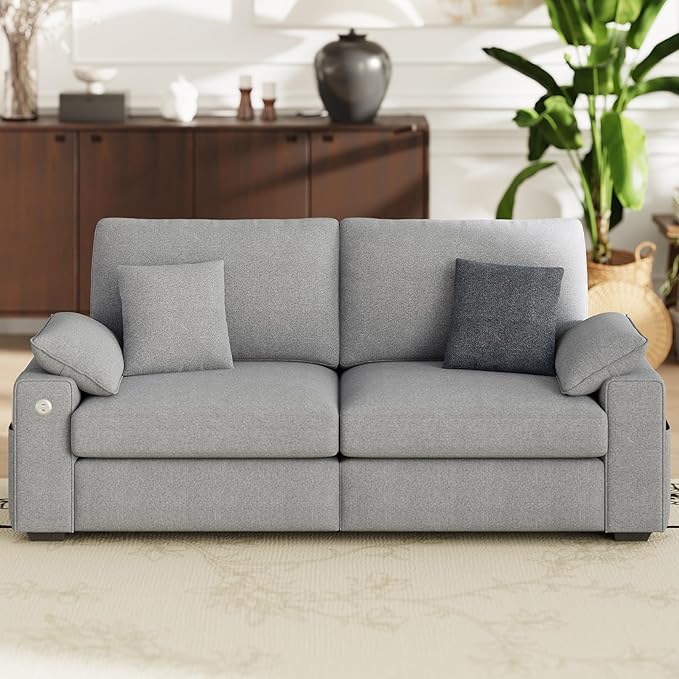 76" Loveseat Sofa, Cloud Foam Couch, 3 Seater Upholstered Midcentury Mondern Love Seat with USB Type C Ports, 4 Pillows and Storage Armrest for Living Room/Small Spaces, Grey | Breathable material