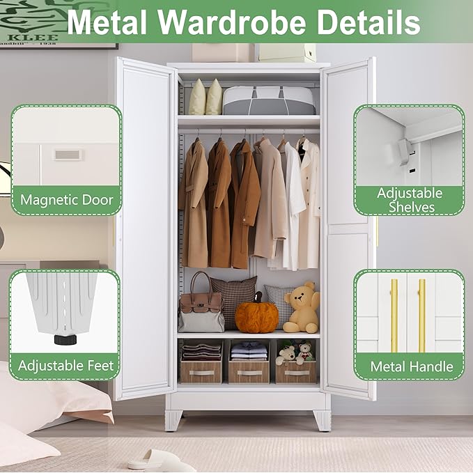 Ckzbx 71" H Metal Armoire Wardrobe Closet with Mirror, Adjustable Shelve, Clothes Drying Pole, Steel Wardrobe Cabinet for Bedroom (White)