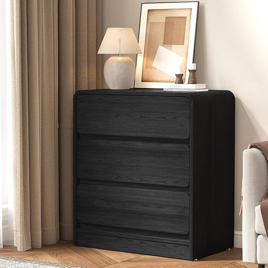 RoyalCraft Black 3 Drawer Nightstand, Modern Night Stand with Drawers, Wood End Table with Storage and Curved Design, Small Dresser for Bedroom, Home Office, Entryway by Bringyoubetterlife