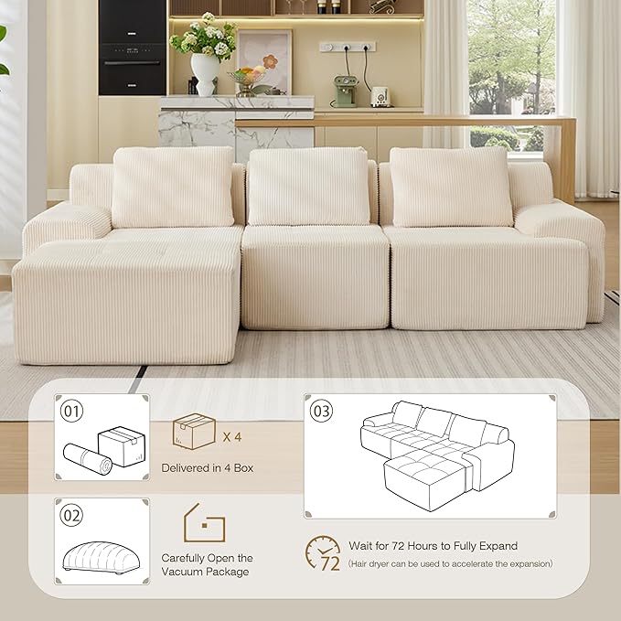 Modular Sectional Sofa, 6 Seat Modular Couch, Modular Sofa with Deep Seat and Detachable Pillow (White, 4 Pieces-L Shape)