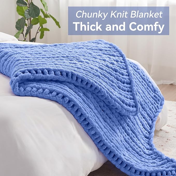 Negwoo Chunky Knit Throw Blanket, 80''*90'' Knitted Throw Chenille Yarn for Bed Couch, Handmade Light Blue Crochet Big Thick Blanket, Machine Washable Cute Comfy Blanket for Home Decor