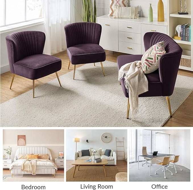 HULALA Home 3 Piece Velvet Living Room Furniture Set, Modern Comfy Upholstered Chair Set with Golden Legs, Include Loveseat & 2 Accent Chairs for Bedroom, Purple Tufted 2-Seater Sofa & Armless Chairs