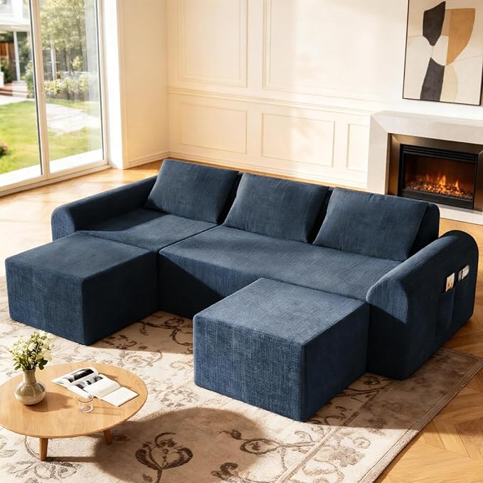 Cloud Modular Sectional Sofa, No Assembly Deep Seat Chenille Couch with 2 Ottomans, 3-Seater Modular Sofa for Living Room, Blue