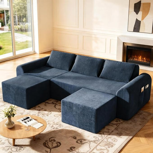 Cloud Modular Sectional Sofa, No Assembly Deep Seat Chenille Couch with 2 Ottomans, 3-Seater Modular Sofa for Living Room, Blue