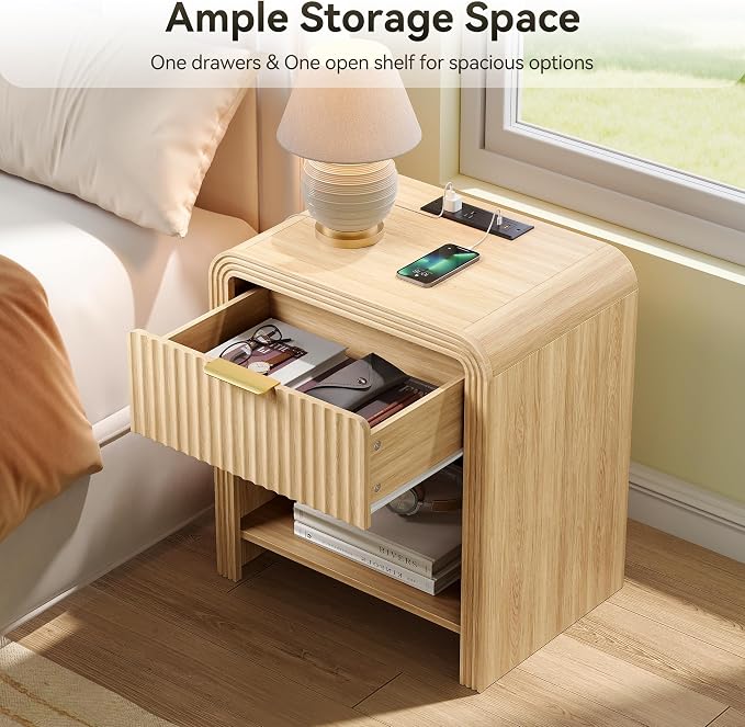 Decofy Fluted Nightstand with Charging Station, Modern Bedroom Side Table with Gold Handles, Curved Profile Design, End Table Wood Organizer for Bedroom, Open Shelf & 1 Drawers (1 Pack, Natural Oak) - Image 4
