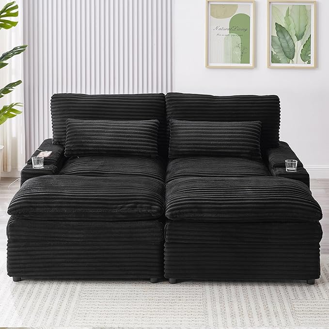 Modular Sectional Sofa Convertible Loveseat Couch,2-Seater Deep Seat Loveseat Sofas Fluffy Corduroy Cloud Couches with Movable Ottoman, Storage Armrest,USB Ports, Cup Holders