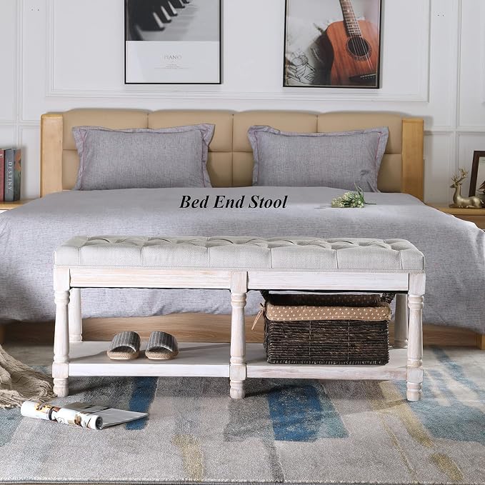 Mid Century Tufted Storage Bench with Shelf, Linen Upholstered Farmhouse Entryway Shoe Bench Ottoman Bed End Stool with Padded Seat, Rustic Bench for Bedroom Living Room Dining Room, Beige - Image 3