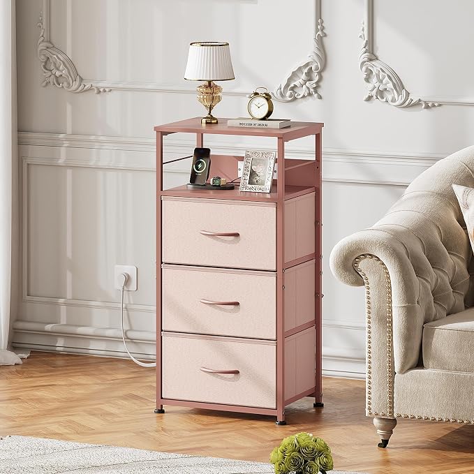 WLIVE Nightstand with Charging Station, 31.9" H Nightstand with 3 Fabric Drawers, LED Bedside Table with USB Ports and Outlets, End Table for Dorm, Bedroom, Entryway, Pink - Image 7