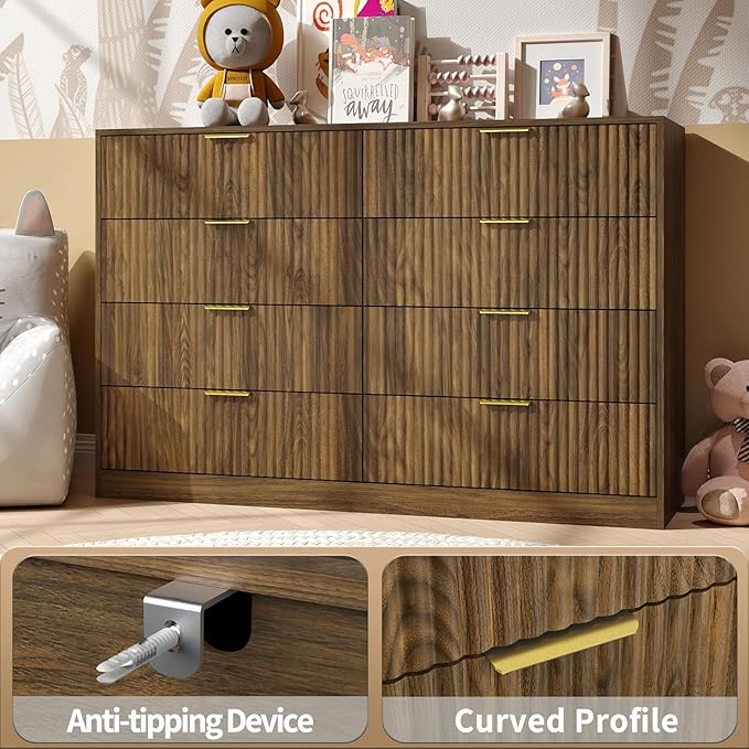 Dresser for Bedroom Set of 2, Large Dresser with 16 Drawers, Fluted Modern Bedroom Furniture Set, TV Stand Dressers & Chests of Drawers for Closet, Walnut(15.7" D x 110.2" W x 36" H)