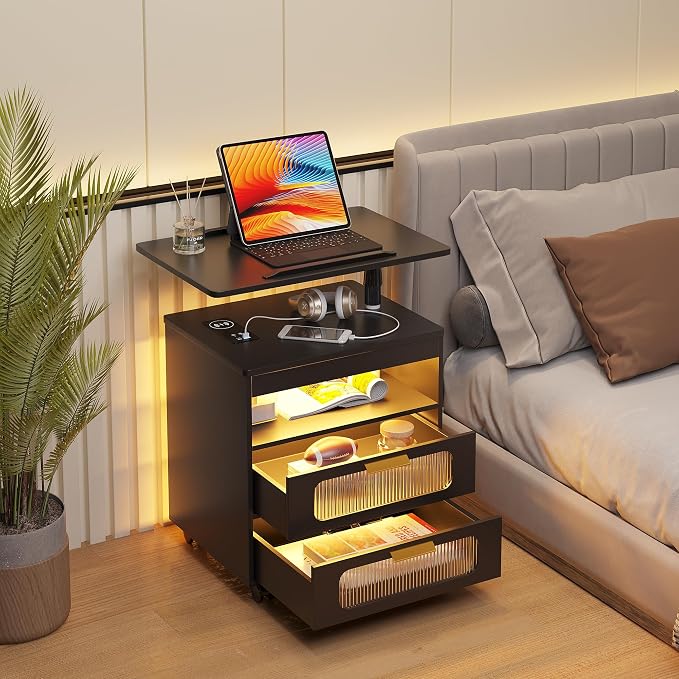 HNEBC Nightstand with Wireless Charging Station, LED Nightstand Has Adjustable Rotary Workstation,Smart Night Stand with 2 Drawers,Modern Bedside Table for Bedroom, Sensor Light/Wheel (Black) - Image 8
