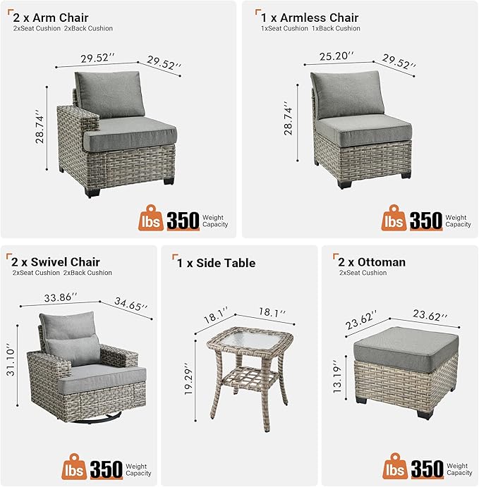 ovios 8 Piece Patio Sectional Furniture with Swivel Rocking Chairs, Rattan Wicker Coversation Set with Glowing Coffee Table, Outdoor Sofa Set for Outside Porch Balcony Backyard Pool,Dark Grey