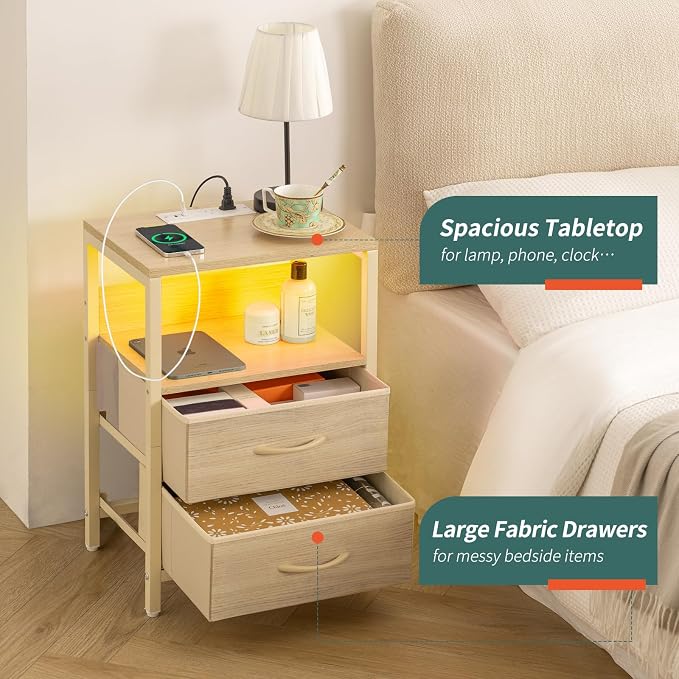 Yoobure Nightstand with Charging Station, LED Night Stand with Fabric Drawers and Storage Shelf for Bedroom, Nightstands Bedside Tables with USB Ports & Outlets, Small Night Stands, Bed Side Table - Image 6
