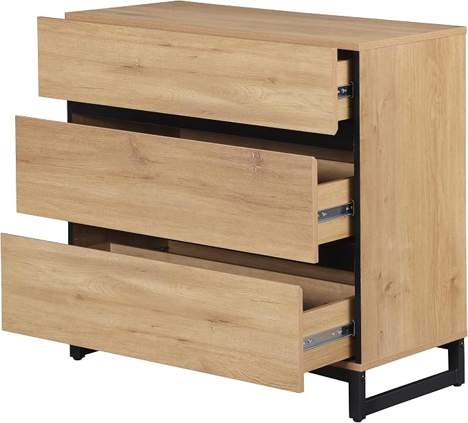 WAMPAT Nightstand with 3 Drawers for Bedroom, Modern Bedside Table with Black Square Metal Leg, Wood Rustic Side End Table, Oak, 2 Pcs - Image 8