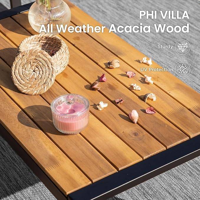 PHI VILLA Patio Wicker Furniture Set for 4, Yellow Rattan Loveseat & Chairs with Beige Cushions & Acacia Wood Coffee Table, Outdoor Modern Conversation Sofa Set for Deck, Yard, Porch