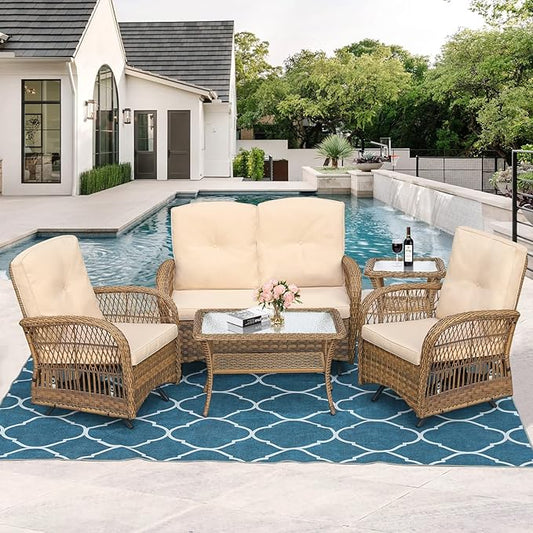MEETWARM 5 Pieces Outdoor Wicker Patio Conversation Sets with Glider Loveseat, 2 Chairs with 2 Glass-Top Coffee Table Wicker Rocking Glider Set, Wicker Conversation Set with Thickened Cushions, Beige
