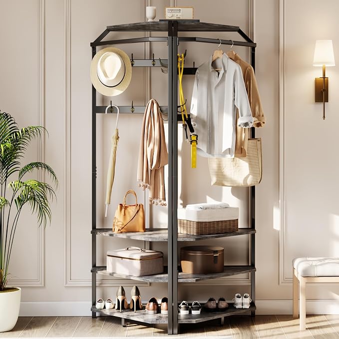 IDEALHOUSE Corner Coat Rack with Shoe Bench Entryway and 12 Double Hooks, Corner Hall Tree - Corner Clothes Rack with Storage Corner Tree with Organizer Shoe Bench Shelf for Entryway, Hallway, Closet - Image 2