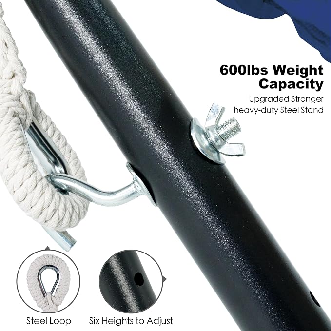Gafete Double Hammock with Stand for Outside, Upgraded Spreader Bar, Heavy Duty Space Saving Steel Stand 2 Person, Side Pockets, Easy Assembly, 600lbs Weight Capacity, Indoor & Outdoor (Navy Blue) - Image 5