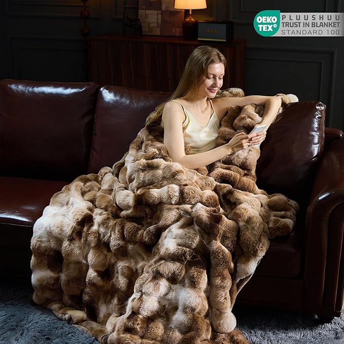 Faux Fur Throw Blanket for Couch, Fluffy Fuzzy Plush Bubble Blanket, Soft Warm Cozy Shaggy Rabbit Blanket, Luxury Decorative Gifts for Sofa Bedroom Living Room, 60x80inch (Tie-Dye-Brown)