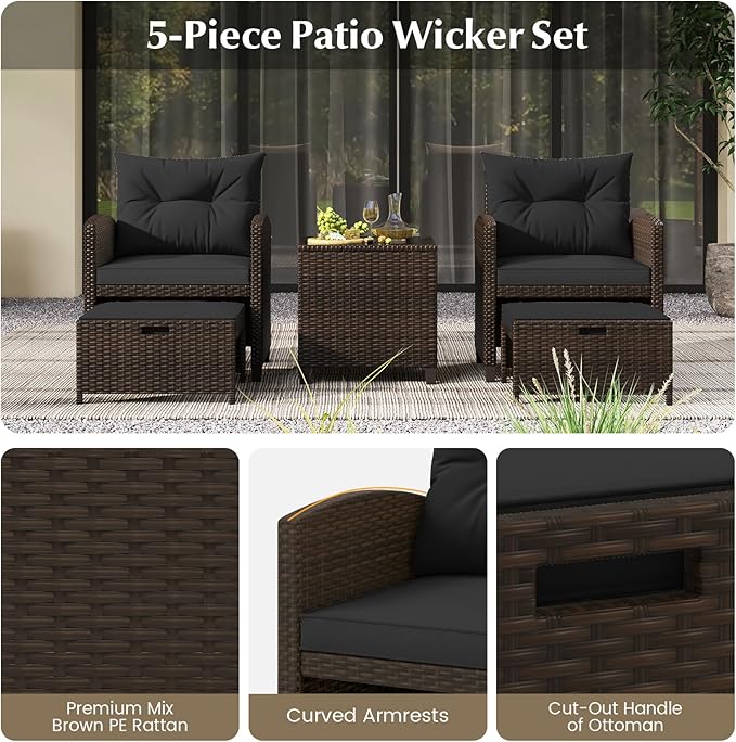 Tangkula 5 Pieces Patio Conversation Set, PE Wicker Rattan Outdoor Furniture Set with 2 Chairs, 2 Ottomans & Tempered Glass Coffee Table, Ideal for Poolside, Backyard, Lawn, Deck, Mix Brown & Black