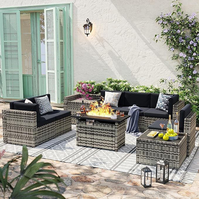 Aoxun 9 Piece Patio Furniture Set with 44” Fire Pit Table, Wicker Outdoor Furniture Set with Storage Box, Patio Sectional Set with Cushions and Waterproof Cover (Grey & Black)