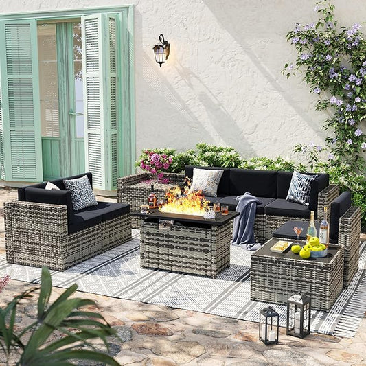 Aoxun 9 Piece Patio Furniture Set with 44” Fire Pit Table, Wicker Outdoor Furniture Set with Storage Box, Patio Sectional Set with Cushions and Waterproof Cover (Grey & Black)
