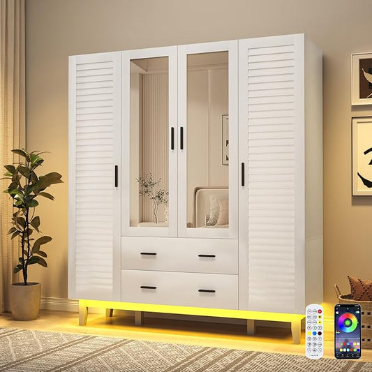 jiteentarou 4 Door Armoire Wardrobe Closet Cabinet with Drawers and LED Lights, Multi-Tier Shelves, Hanging Rod & 4 Louver Doors, Large Capacity Storage Wardrobe Armoire for Bedroom(4 Doors White) | 4 Door, Armoire, with Drawers, LED Lights, Multi-Tier...