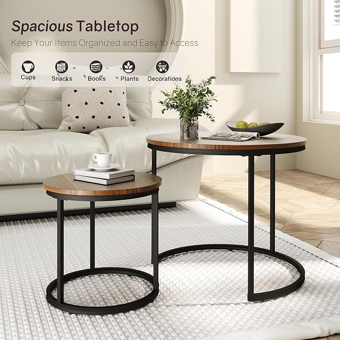 Nesting Tables Set of 2, Wood Grain Brown Round Coffee Table, Small Nesting Coffee Table with Adjustable Non-Slip Fee, Wood Grain Top Nesting Tables for Living Room, Bedroom