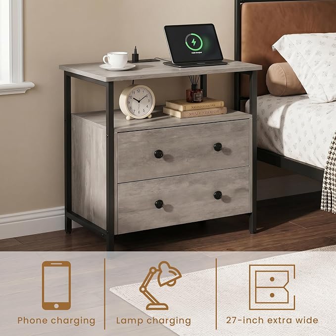 Edbuosy 27 inch Wide Night Stand with Charging Station, Bedside Table with Open Shelf, 2 Drawers Small Wood Dresser, Modern Wood Nightstand for Bedroom/Living Room (Rustic Gray) - Image 5