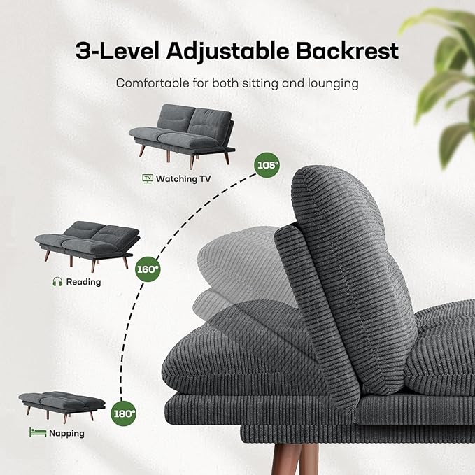 Marsail Futon Sofa Bed, 66” Futon Couch with Adjustable Backrest & Armrests, Convertible Small Sleeper Sofa Bed for Small Apartments, Study Room, Office, Corduroy Loveseat, Charcoal Gray