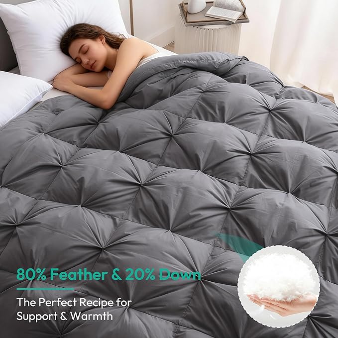 Three Geese Pinch Pleat Waterfowl Feathers and Down Comforter Queen Size Duvet Insert, 1200TC 100% Cotton Fabric, Premium All Seasons Grey Hotel Warm Comforter with 8 Tabs.